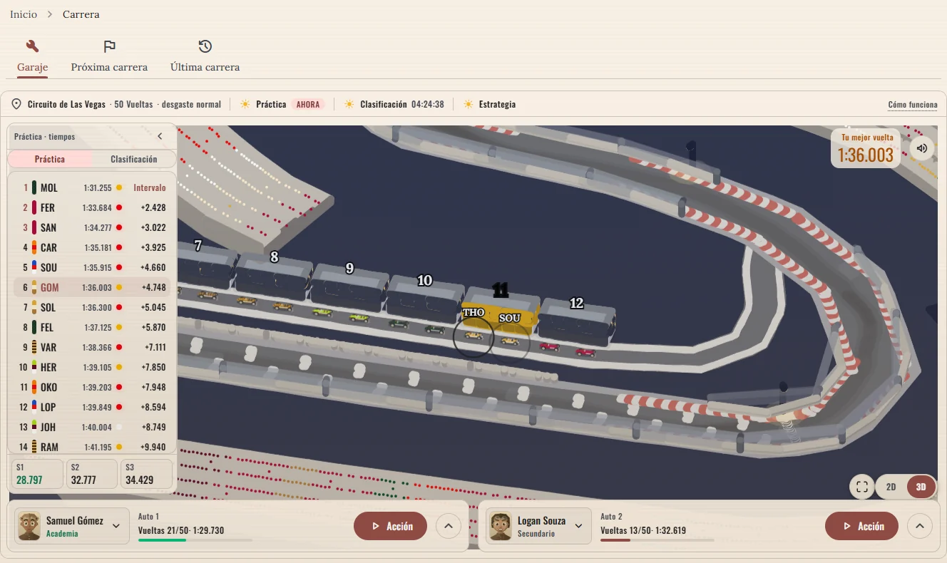 El garaje de FTG Manager durante la práctica: tabla de tiempos, circuito en 3D y los dos autos del equipo