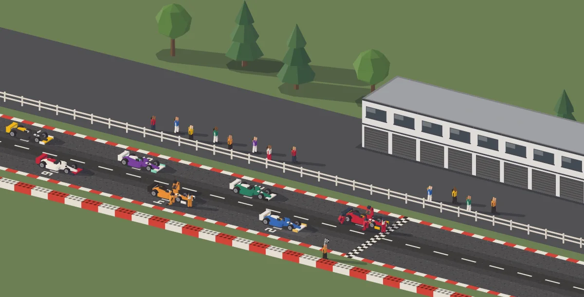 Una parrilla de salida de FTG Manager, el manager de carreras gratis del estudio, dibujada en lowpoly con Genesis